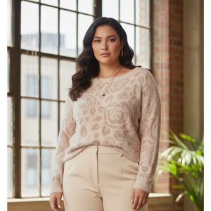 NWT Laura Ashley Womens Blush Pink Floral Metallic Fuzzy Sweater Size 1X